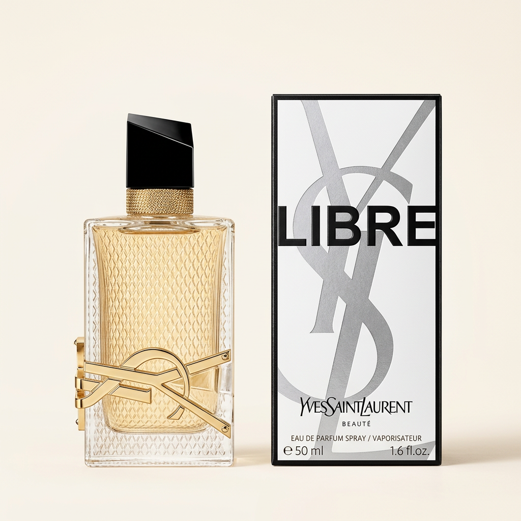 A bottle of Yves Saint Laurent Libre Eau de Parfum next to its retail box, set against a solid light beige background. The bottle features a textured gold interior, a gold-tone metal YSL logo on the front, and a black cap.