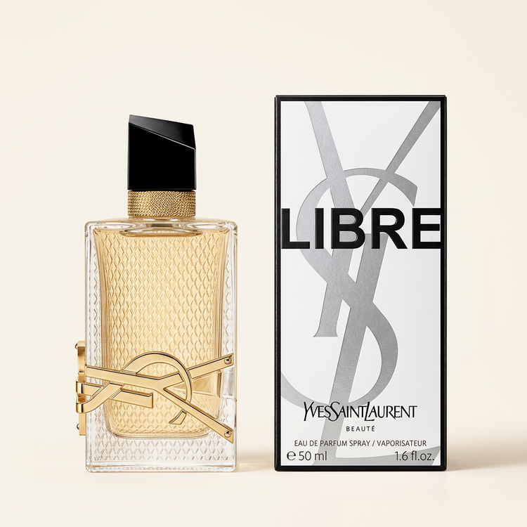 A bottle of Yves Saint Laurent Libre Eau de Parfum next to its retail box, set against a solid light beige background. The bottle features a textured gold interior, a gold-tone metal YSL logo on the front, and a black cap.