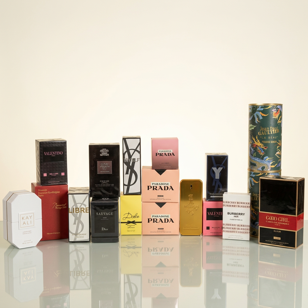 A collection of luxury perfume and fragrance boxes arranged on a reflective surface against a warm off-white background. Visible brands include Prada, Valentino, Dior, Saint Laurent, Balenciaga, Kay Ali, and GQ/GRIZZ.