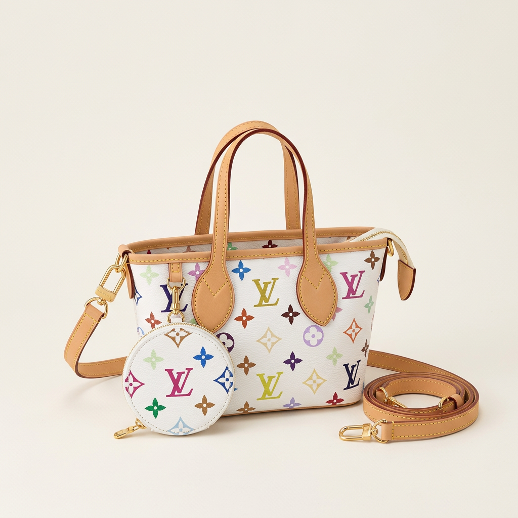 A Louis Vuitton tote bag in white monogram canvas with multicolor LV logos and tan leather handles, shown with a matching round coin pouch and detachable shoulder strap on a light beige background.